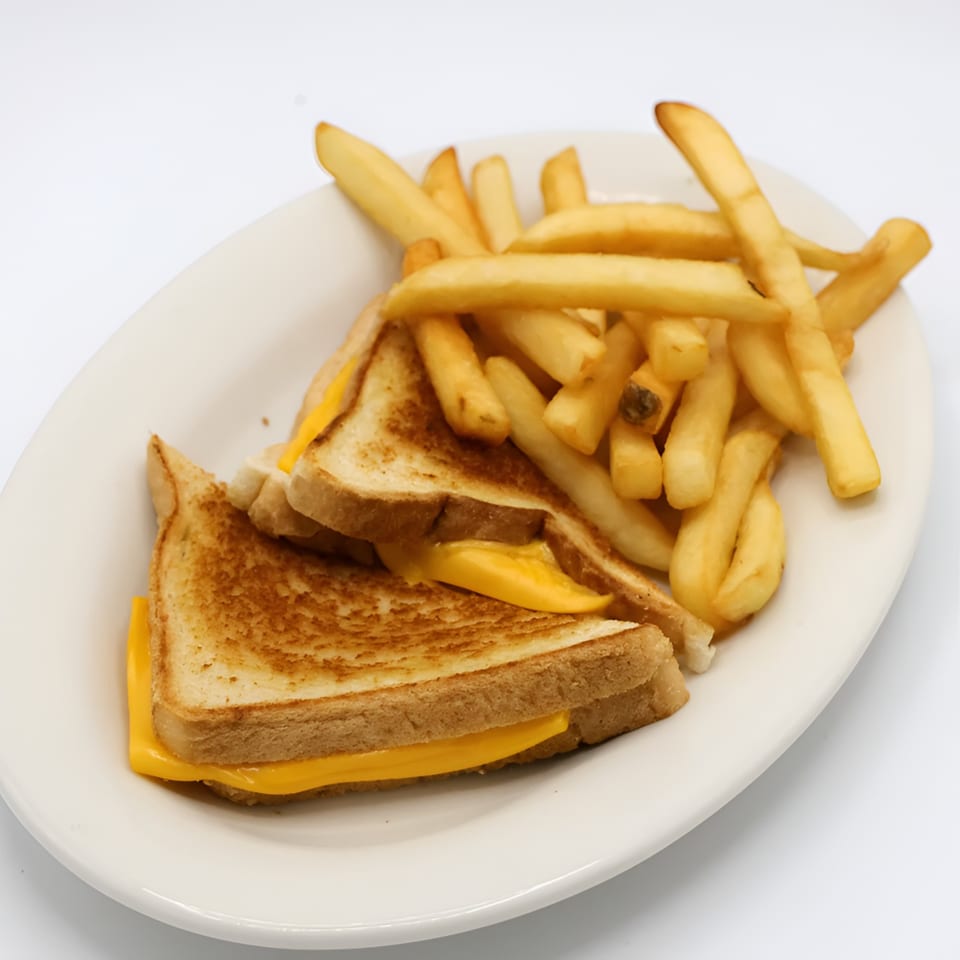 Grilled cheese sandwich with melted American cheese and a side of golden french fries on a white plate.
